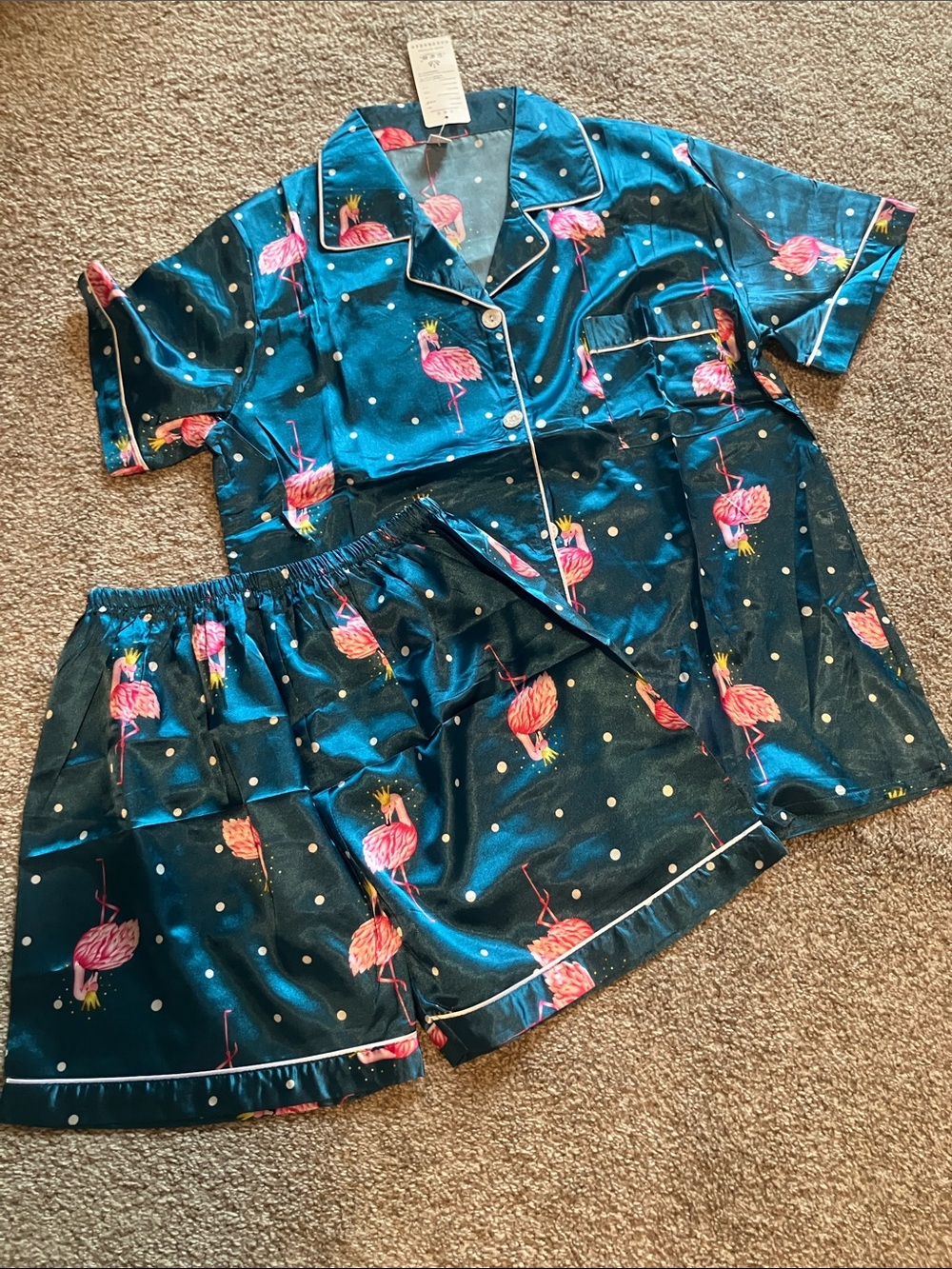 NWT FLAMINGO PRINT POLKA DOT SATIN SHORT PAJAMA SET